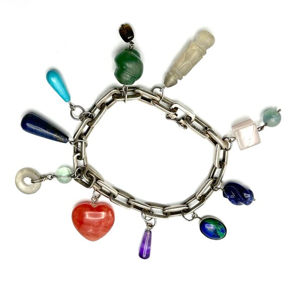 Vintage Tulla Booth Sterling Silver Charm Bracelet 10 Semi-Precious Gems - EUC